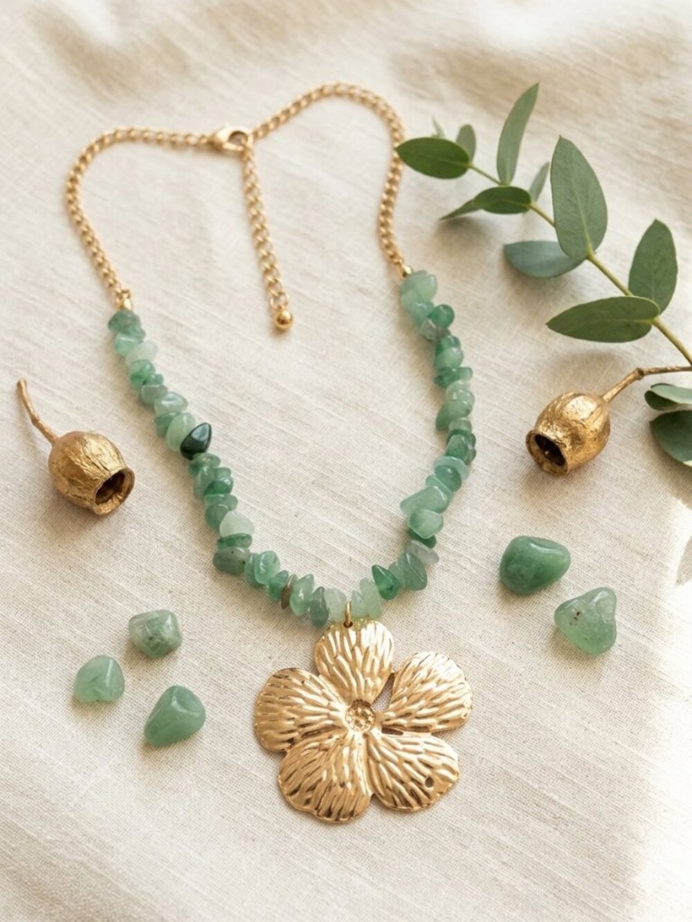 Boho Green Stone Beaded Necklace Textured Flower Pendant